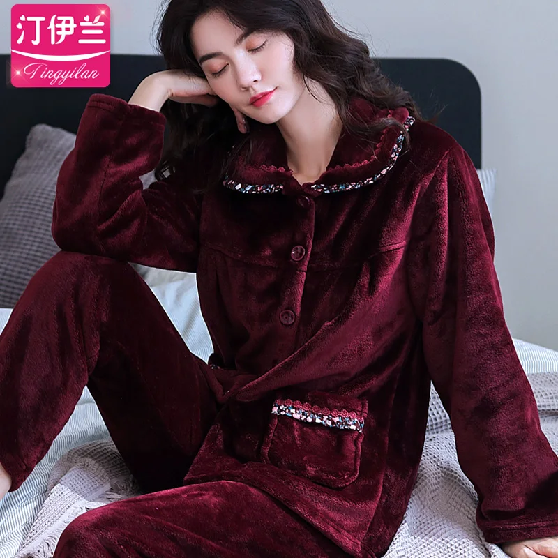 H5789 Middle-aged and Old Women Pajamas Thick Coral Velvet Nightwear Suit Grandma Mother Autumn Winter Warm Household Clothes | Женская