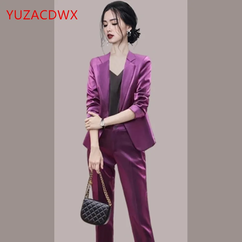 YUZACDWX Purple Jacket Fashion Temperament Autumn Pants Suit New Business Formal Office Ladies Work Wear