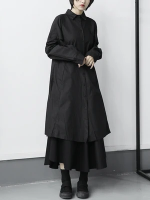 Темное дизайнерское платье рубашка с длинными рукавами на осень|Женские платья| |