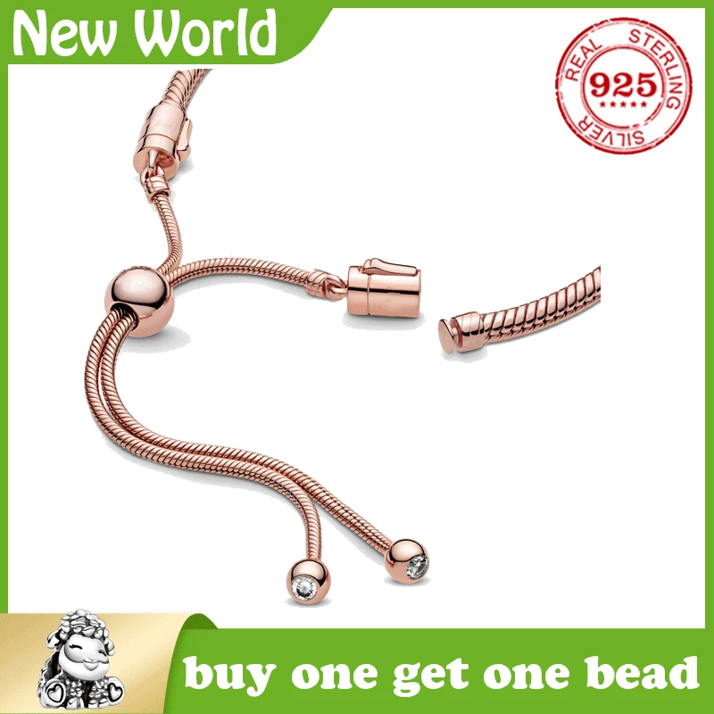 

Fit Original 100% 925 Sterling Silver Rose gold snake chain rope rope charm Pando Bracelet for women Luxury DIY Jewelry