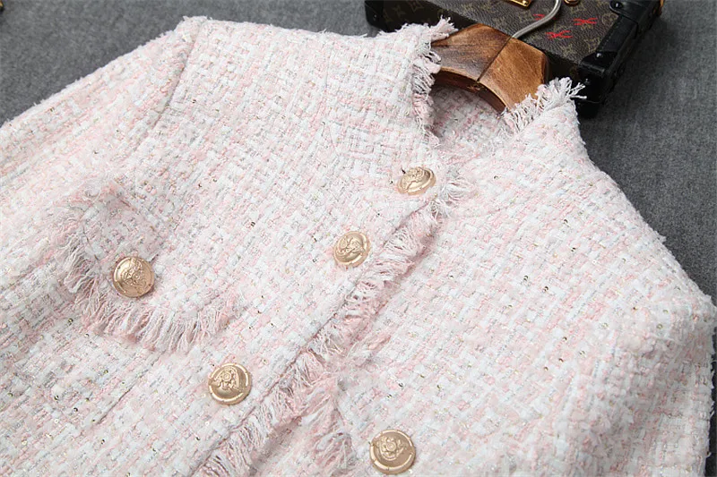 

Autumn Winter Pink Tweed Set Women Stand Collar Single-breasted + Wool Skirt Two Piece Set 2019