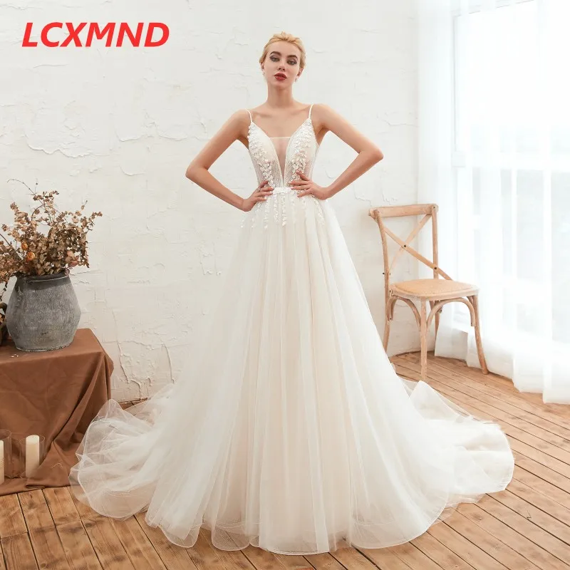 Spaghetti Straps Wedding Dresses 2019 Sweep Train Sexy Open Back Bridal Gowns Vestido De Noiva Illusion V Neck Gown | Свадьбы и