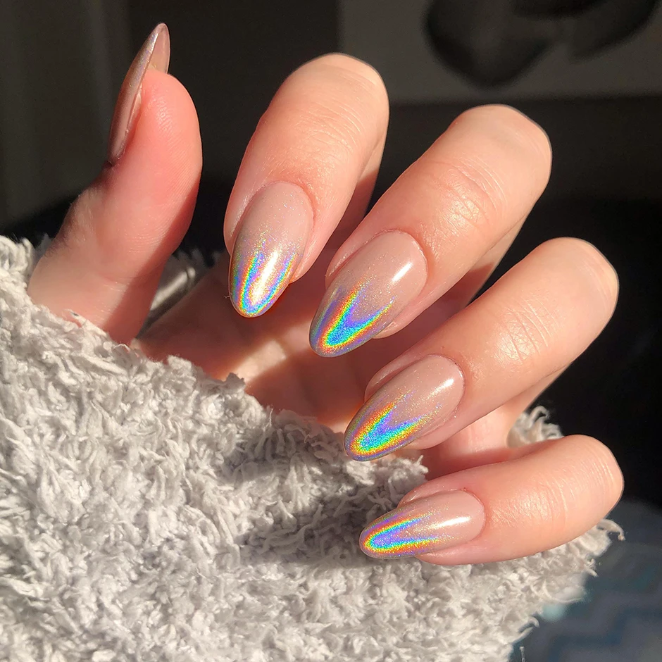 Голографические Твердые Ногти Блестящий Порошок Лазерный Серебристо-Розовый