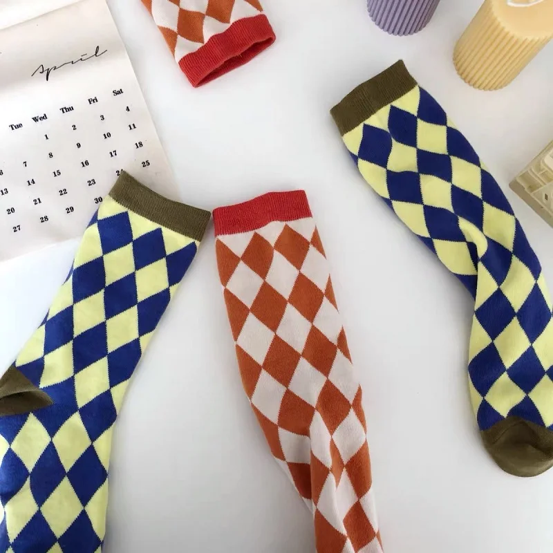 

Korean Argyle Plaid Socks Casual Women Spring Autumn Vintage Female Breathable Contrast Color Mid-Calf Tube Hosiery Gift