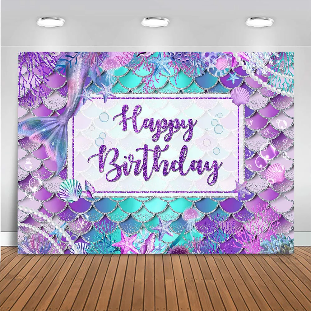 

Mocsicka Mermaid Princess Happy Birthday Backdrop Baby Girl Birthday Party Underwater World Photo Background for Photo Studio