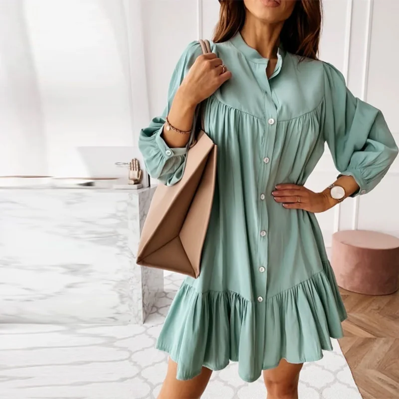 

Women Vintage Ruffled Front Button A-line Dress Long Sleeve Stand Collar Solid Elegant Casual Mini Dress 2021 Spring New Dress