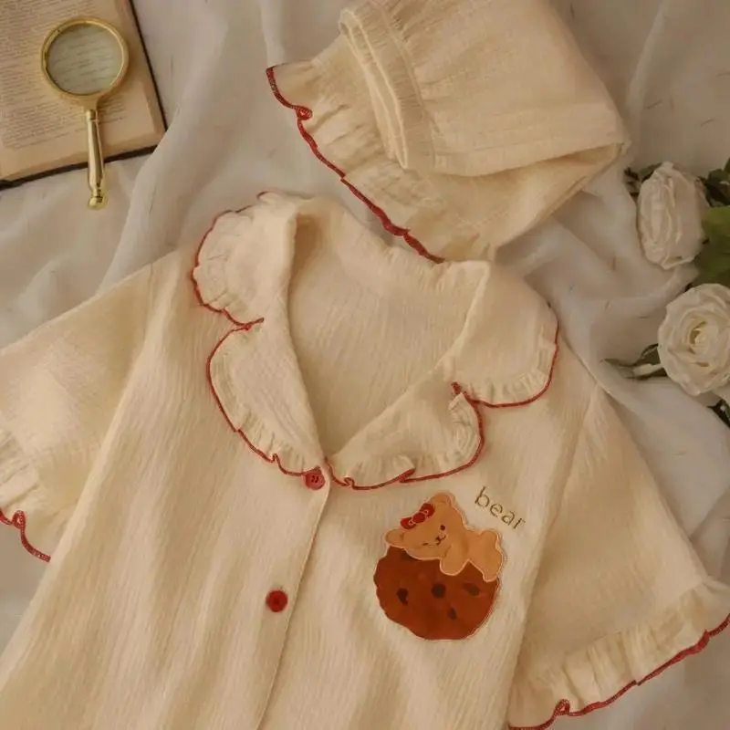 QWEEK Cotton Pajamas Women Girls Kawaii Loungewear Home Clothes Bear Embroidery Pijama Female Set Woman 2 Pieces Pyjamas Summer