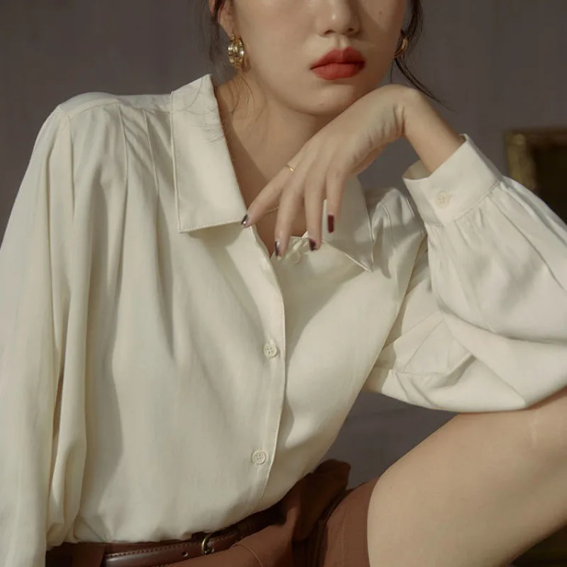 

Tencel Cotton Shirt Women 2021 Spring New French Retro Long Sleeve Laple Collar Loose Temperament All Match Blouse Elegant Top