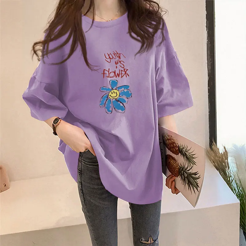 

Short Sleeved T-shirt Female Summer BF Loose Fat Girl T-shirt Female Mid-length Solid Color Ins Short Sleeve Large Version