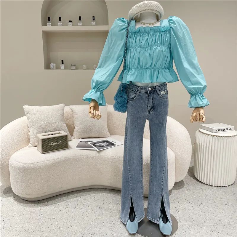 

Women's Spring 2021 Niche Design Fashion Wide Leg High Waist Slim Fit Flared Pants Floor Length Pants Split Blue Jeans