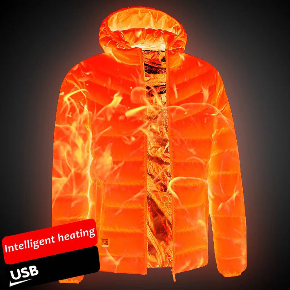 WJJDFC 2021 Heating Jackets NEW Men Winter Warm USB Outdoor Electric Heating Jackets Pure Color Hooded Heated Winter Clothing