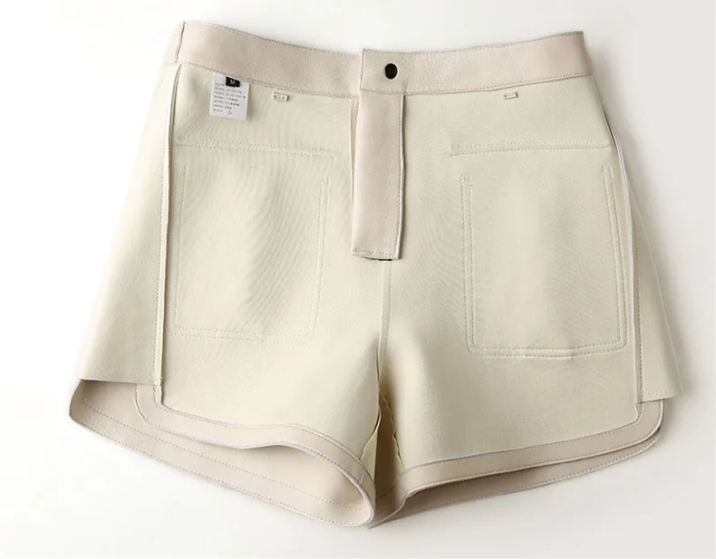 Korean style Women High quality Genuine Autumn high-rise leather wide-leg shorts C747