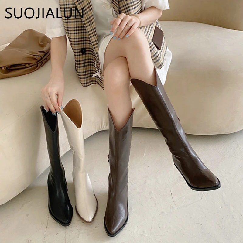 SUOJIALUN 2020 New Fashion Women Knight Boots Square Low Heel High Quality Pointed Toe Knee-high Western | Обувь