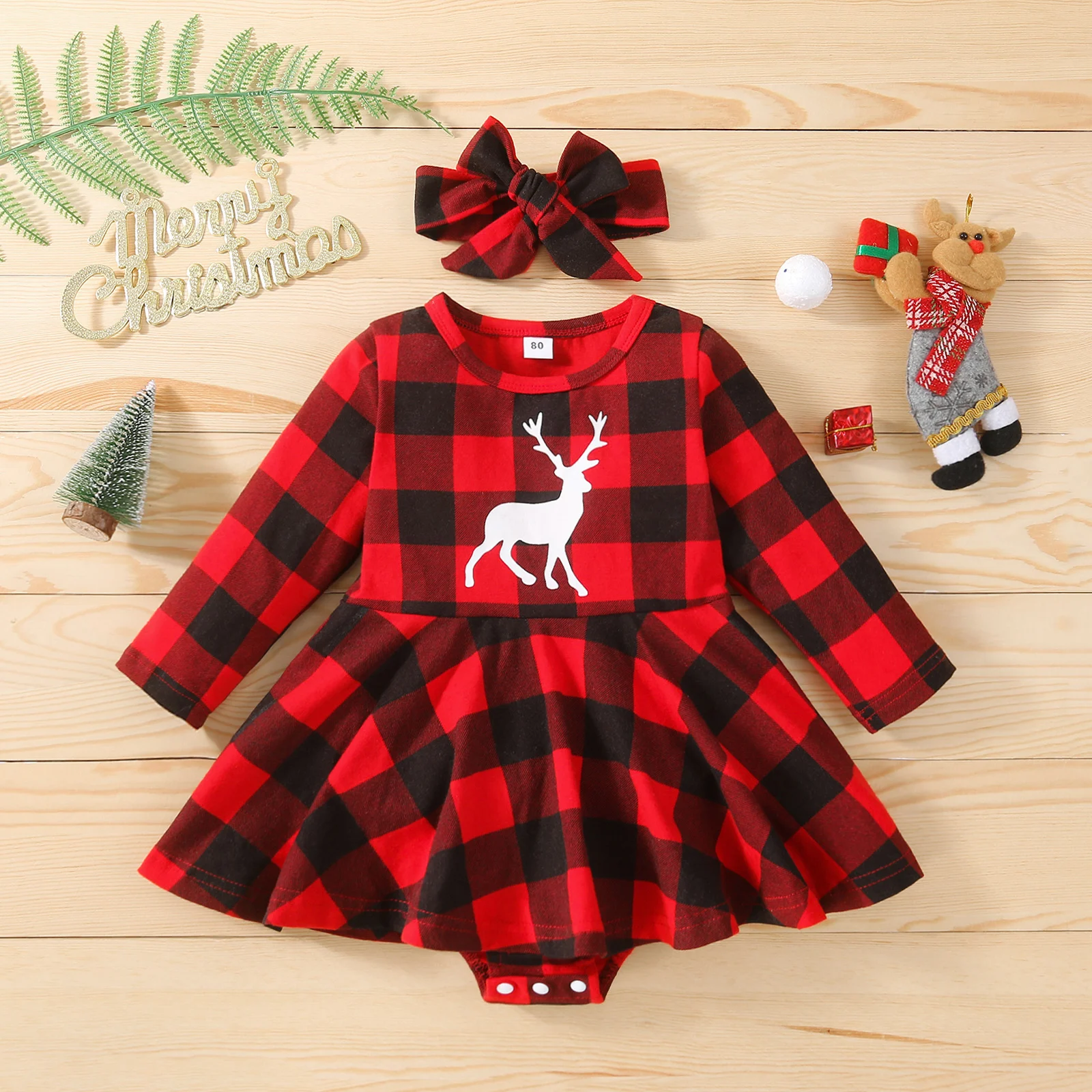 

2Pcs Baby Clothing Newborn Christmas Romper Plaid Long Sleeve Dress Bodysuit Headband Toddler Girls Spring Autumn Clothing 0-24M