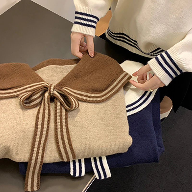 Женский трикотажный свитер с длинным рукавом Синий Свободный контрастных цветов