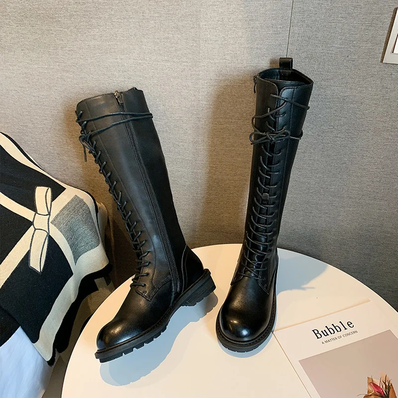 

Women's boots in autumn and winter new high leather boots with no knee strap high boots Knight's Boots