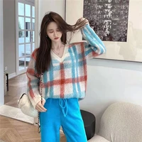 Fashion Retro Loose Casual Suit Contrast Color Plaid V-Neck Knitted Sweater  Corduroy Lace Up Casual Pants 2 Piece Set Women