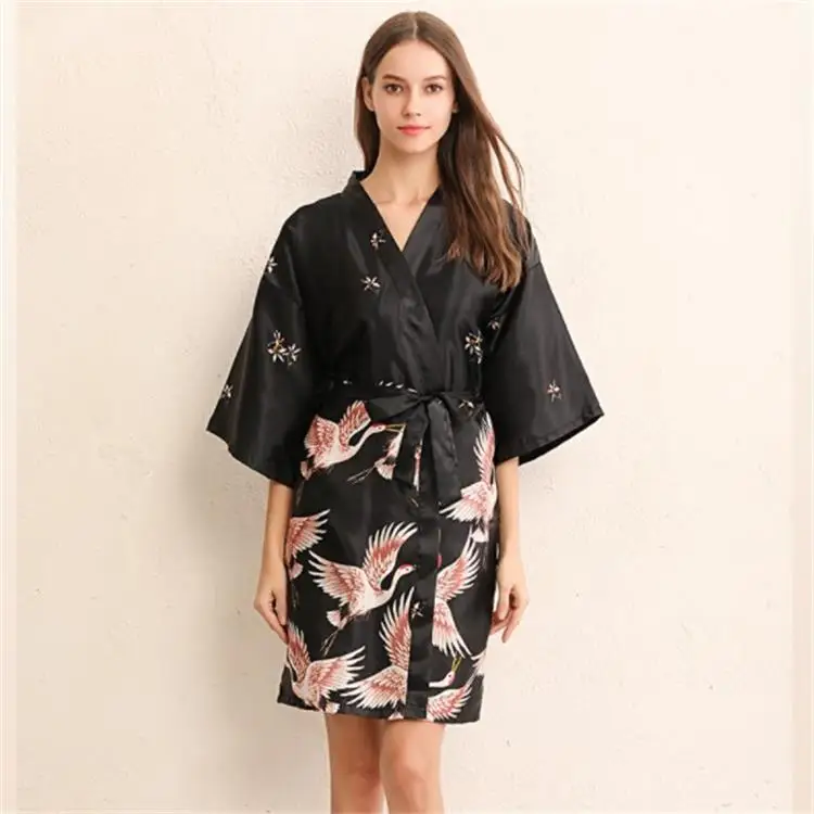 Crane Printed Large Women's Robe Three Quarter Gowns Loose Bathrobe Home Wear Silk Nightgown Bridesmaid Clothes Sleepwear