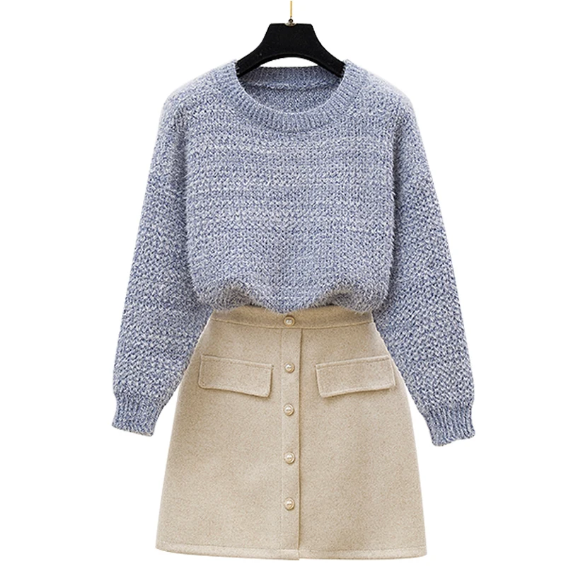 

High Quality Korean Fashion Suit Sweater Skirts Pullover Sweaters Two-Piece Outfit Women Knitted Casual Clothes Set Matching