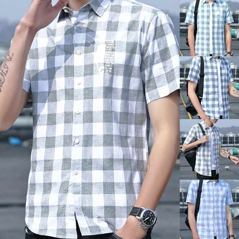 

Mens Summer Short Sleeve Button Down Shirts Simple Plaid Checkered Letters Print Blouse Casual Lapel Collar Tees Streetwear M-4X