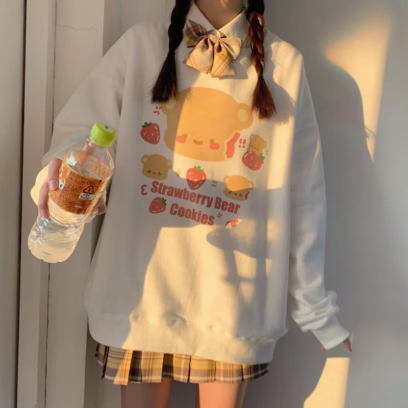 

Japanese Original Sweet Cute Strawberry Bear Print Thick Hoodies Female Autumn Winter Loose Soft Sister Pullover Base Shirt