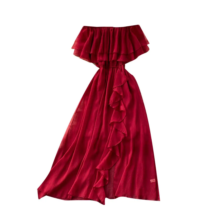 

New Summer Women Sexy Slash Neck Off Shoulder Beach Vacation Dress Sweet Ruffles Split Hem Solid Color Chiffon Long Dress
