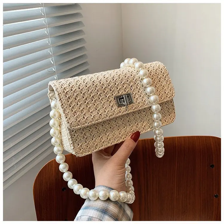 

Spring and Summer 2021 New Pearl Chain Bag Women's Ins Straw Shoulder Bag Purses and Handbags Luxury Designer Handbags