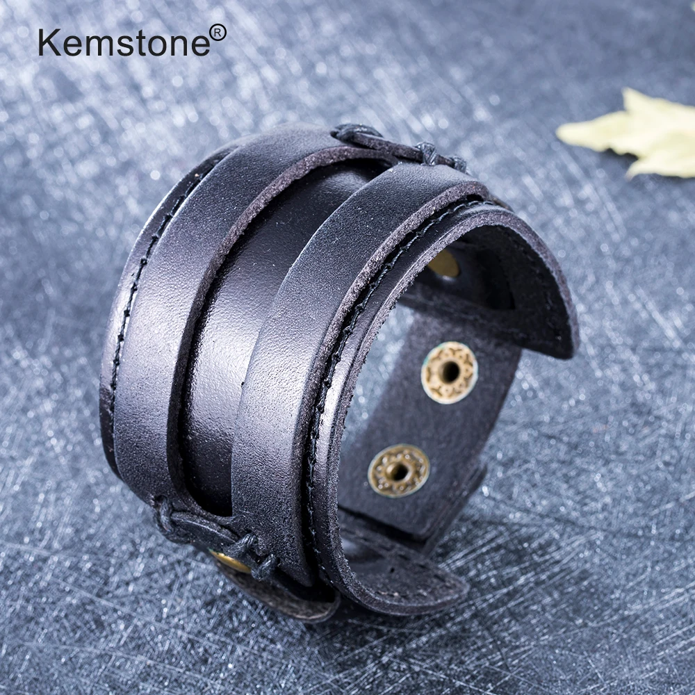 Kemstone стильный 44 мм ширина прямоугольник из искусственной кожи черный браслет крутые ювелирные изделия подарок для мужчин