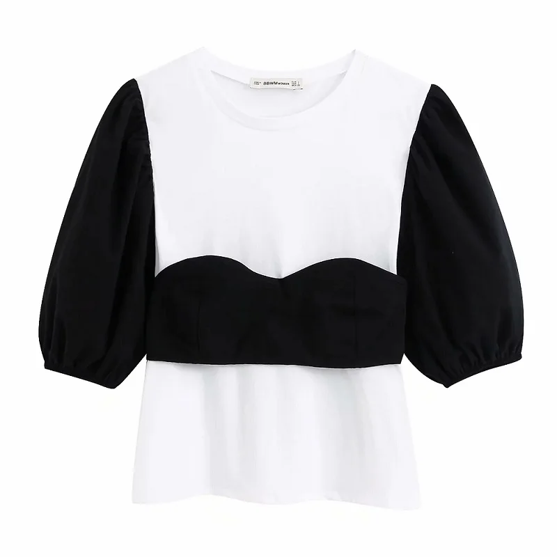 Женская винтажная блузка с бантом на спине модные Лоскутные рубашки буфами