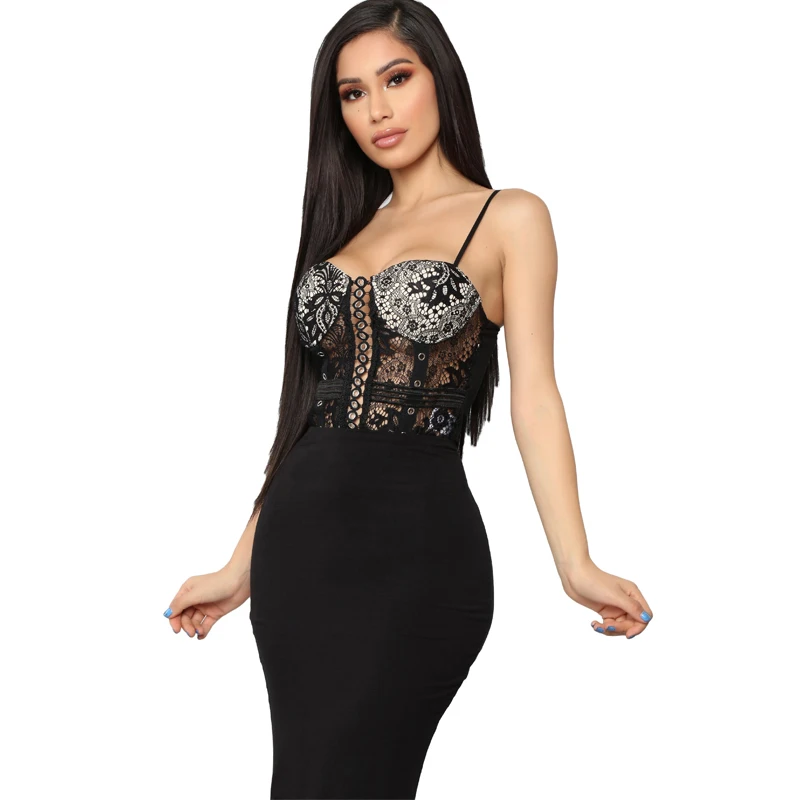 Женское Кружевное боди IDress, без рукавов, Новое поступление, вечерние, черные, сексуальные, кружевные, Облегающий комбинезон, весна-лето, сетчатый кружевной комбинезон - Цвет: Black