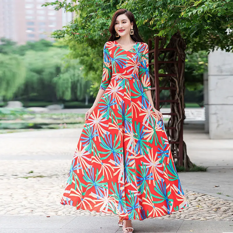 

Женское шифоновое платье с коротким рукавом, винтажное длинное платье с цветочным принтом в стиле бохо, модель W362 на осень, 2021