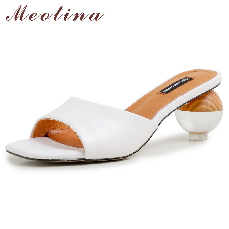 

Meotina Natural Genuine Leather High Heel Slippers Square Toe Strange Style Slides Lady Summer Causal Female Shoes Big Size 10.5