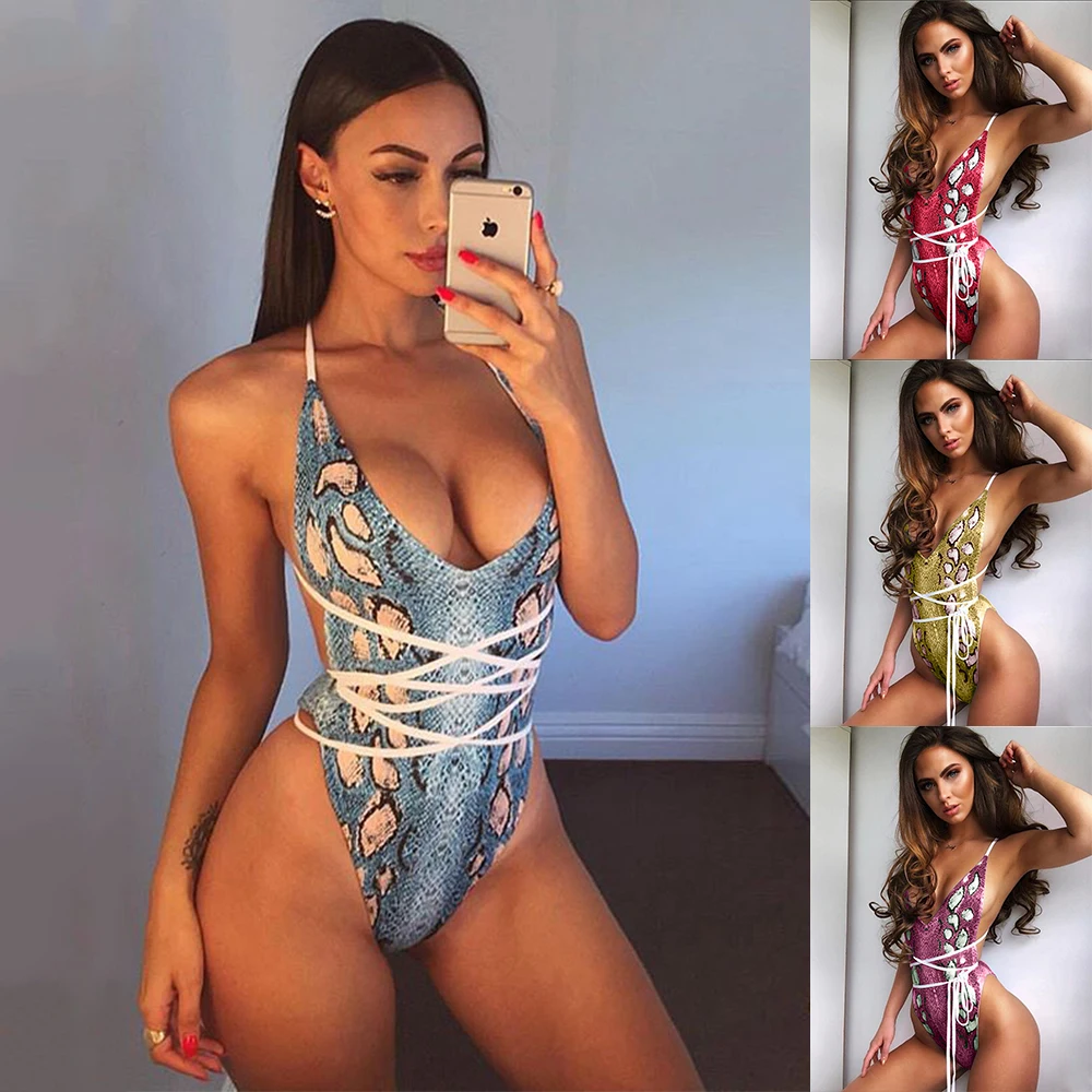 2019 ROSIELARS ремень Глубокий V Цифровой змеиный принт сексуальный женский купальник