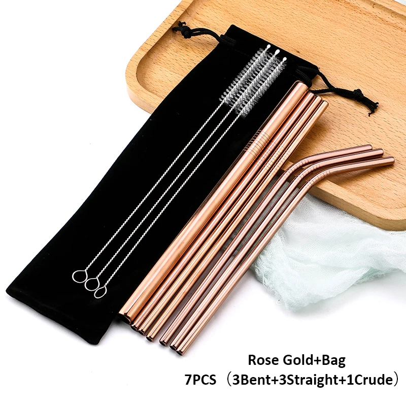 17 Rose Gold Bag Многоразовые металлические трубочки для питья 304 нержавеющая сталь прочная изогнутая прямая соломинка для напитков с чистящей щеткой вечерние аксессуары - Цвет: 17 Rose Gold Bag