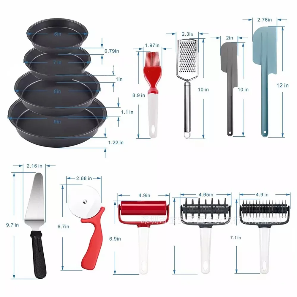 

13 Pcs/set 9 Inch Pizza Baking Pan Non-stick Bakeware Roller Pin Scraper Baking Cake Pan Pastry Baking Tool Kitchen Cooking Tool