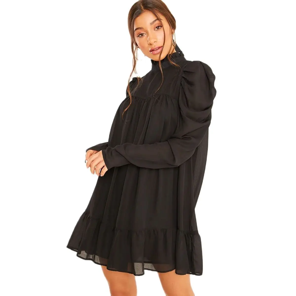 

Autumn and Winter 2021 New Long Sleeve Stand Collar Pleated Casual Dress Women's Wear