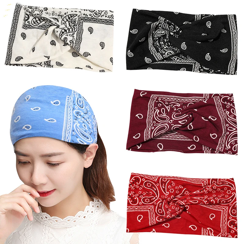 

Wide-brimmed Headband Turban Headwrap 1Pcs Cashew Flower Print Cotton Hairband Cross Knot Twist Elastic Cloth