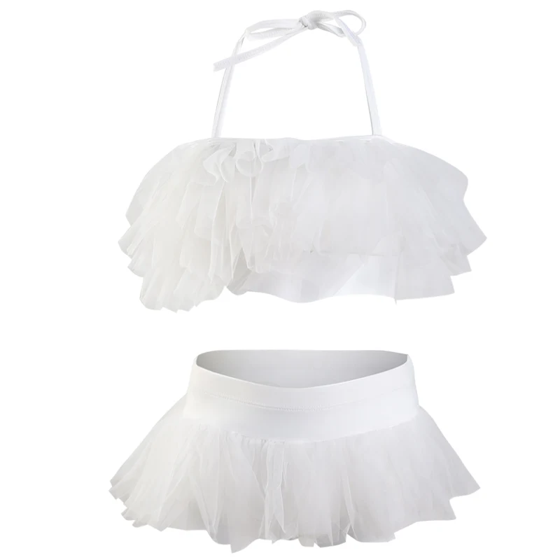 

DROZENO Girl princess swimming two piece set Lace-up design Pure white princess style design Girl swimwear