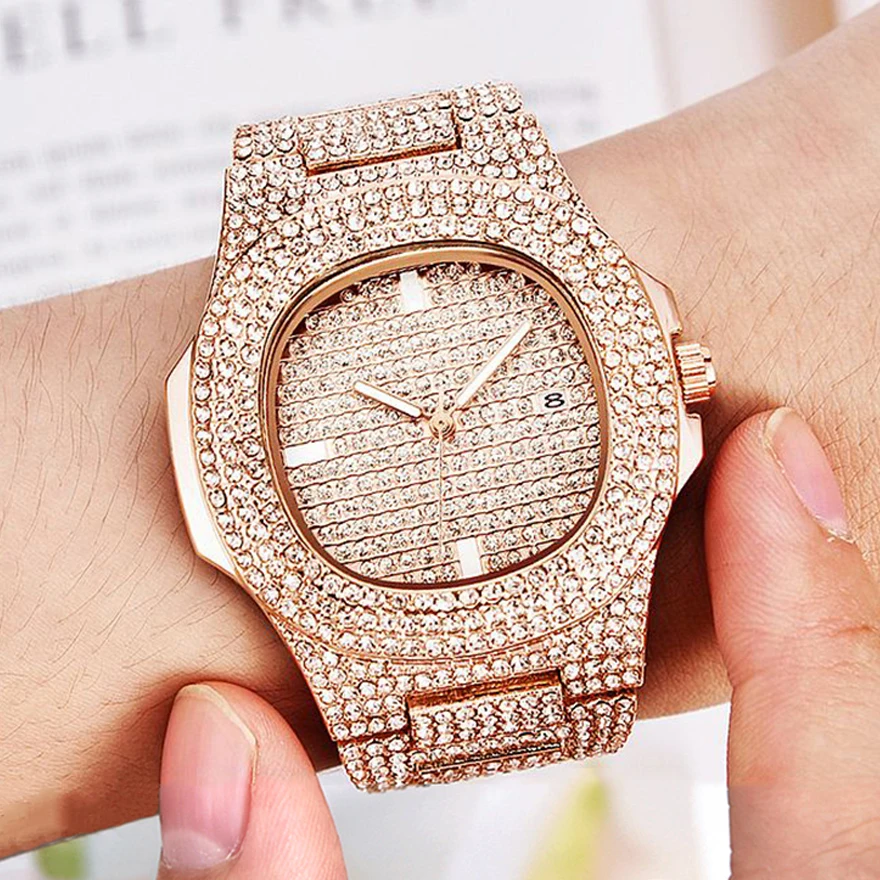 Роскошные мужские часы с полностью хрустальным бриллиантовым циферблатом