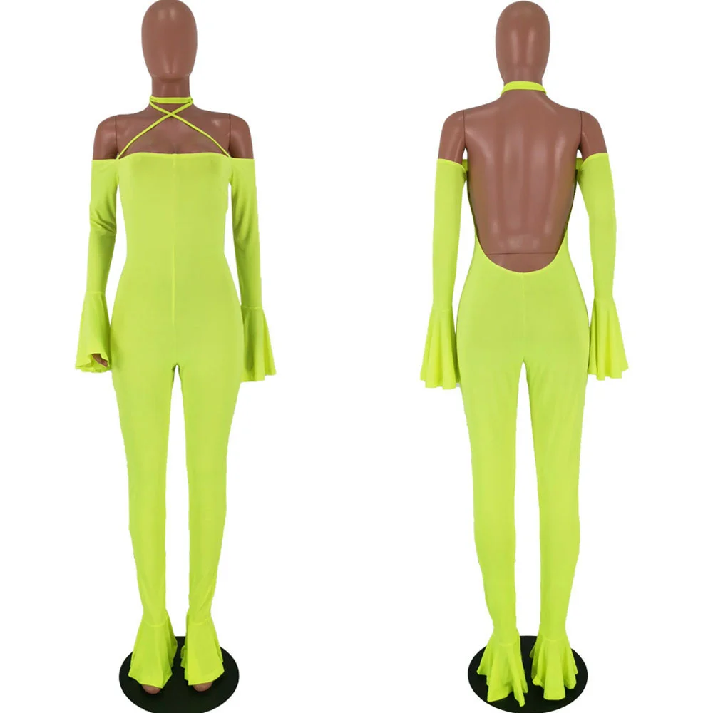 

Off Shoulder Halter Jumpsuit Women Sexy Strapless Flare Sleeve Bodycon Romper Backless Night Club Overalls Bodysuits Combinaison
