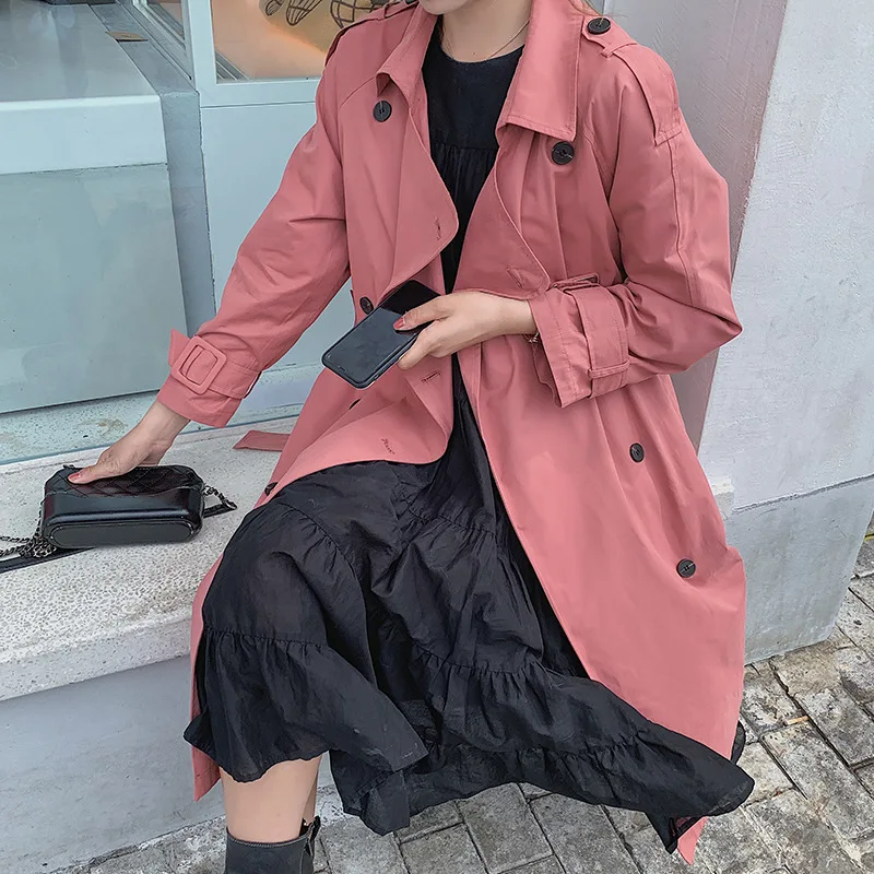 Розовый свободный длинный двубортный Тренч женский с широкой талией