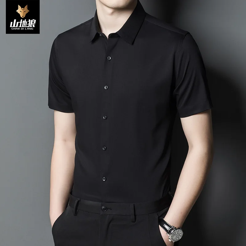 

Mountain Wolf men's summer new solid color Lapel business short sleeve shirt men's white collar casual coat