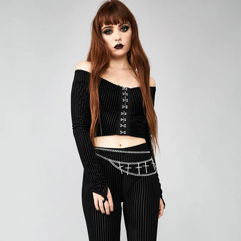 JIEZuoFang New Goth Off Shoulder Sexy Long Sleeve Crop Top Women Gothic Streetwear Black Straip Transparent Female Tops | Женская одежда