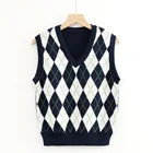 Женский винтажный трикотажный свитер, без рукавов, в Корейском стиле, с V-образным вырезом, в клетку, элегантные пуловеры, осень 2020