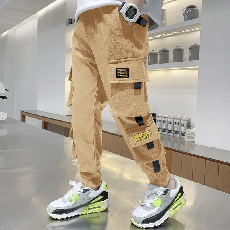 

HOT SALE Boy pants 4-13 years old Cotton Trousers boy trousers overalls label Korean Multi-pocket trousers boy clothes 3 colors