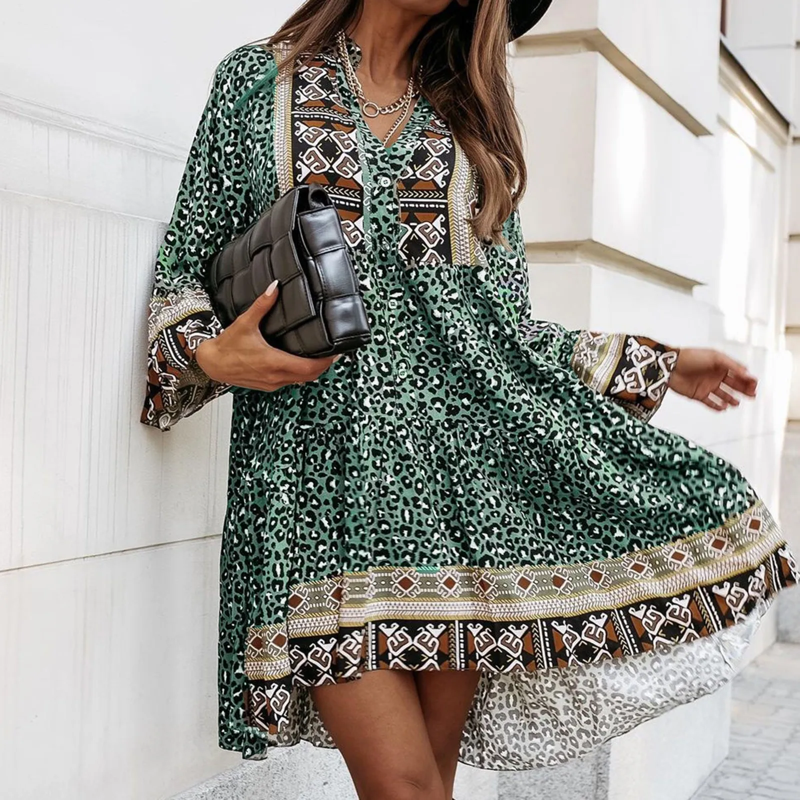 

Frauen Kleider frauen Kleid V-ausschnitt Leoparden-print Einzigen Trompete Sleeve Casual Kleid Mode 2021