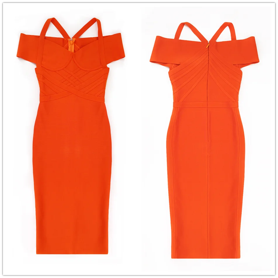 New Summer Bandage Dress Women's Sexy Orange V-Collar Shoulder Club Bodycon Midi Dresses Celebrity Party Dresses