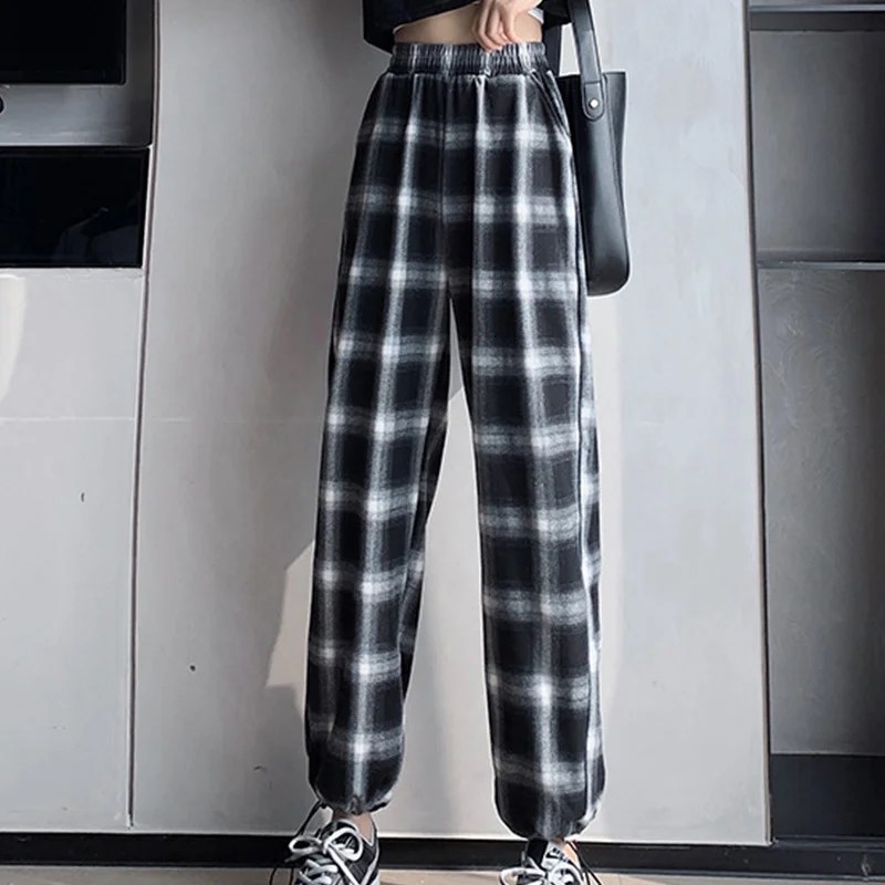 

Шаровары в клетку с завышенной талией, свободные универсальные уличные брюки для отдыха в стиле Харадзюку, студенческие свободные штаны в К...