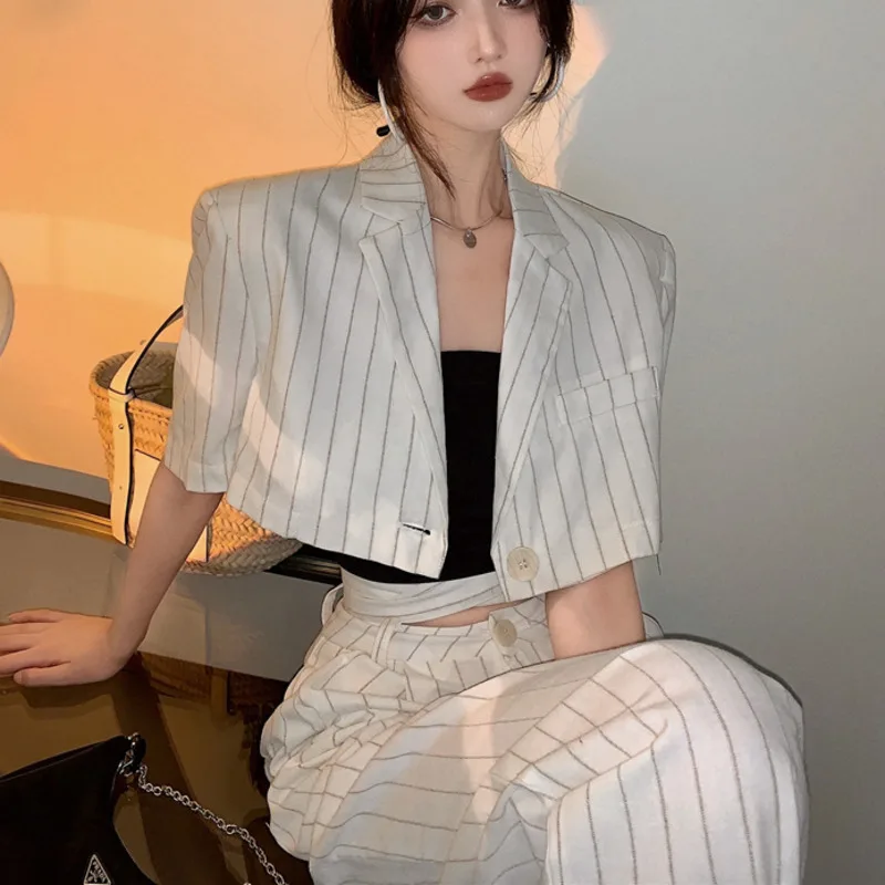 

Korean Fashion Summer Striped Two Piece Set Women Crop Top Sexy Blazer Coat + Wide Leg Pant Suits Sets Vintage 2 Piece Set