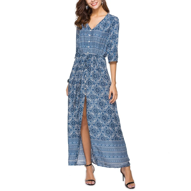 

Women Bohemian Beach Dress Sexy V-Neck Sundress Ladies Half Sleeve Loose Beach Dresses